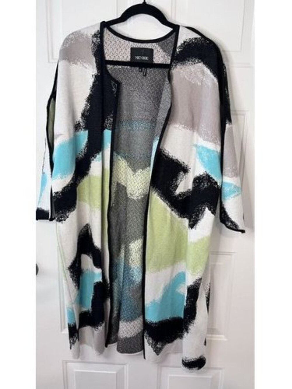 Nic &‎ Zoe Knee Length Cardigan Plus Size 1X  Open Front Green Blue 90% Cotton